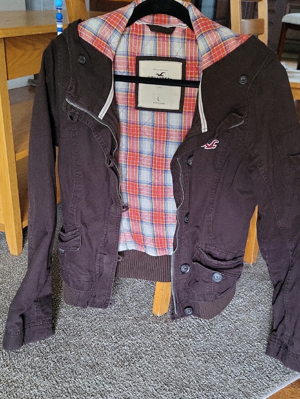 Hollister Dark Brown Hooded Utility Jacket with Plaid Lining